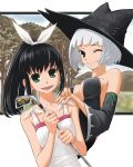  2girls bad_id bare_shoulders black_hair bob_cut breasts brie cadie detached_sleeves golf_club green_eyes hana hana_(pangya) hat medium_breasts multiple_girls one_eye_closed pangya ponytail ribbon small_breasts smile white_hair wink witch witch_hat 