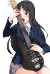  1girl akiyama_mio bass_guitar black_eyes black_hair blush female instrument k-on! licking long_hair saliva school_uniform sexually_suggestive shin&#039;ya_(shin&#039;yanchi) simple_background skirt solo tears tongue 