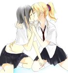  2girls black_hair blonde_hair blush closed_eyes couple hand_holding hand_on_shoulder hand_on_thigh hug kiss kneeling leg_grab multiple_girls mutual_yuri necktie original ponytail school_uniform short_hair simple_background sitting skirt sweater_vest yui_7 yuri 