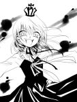  1girl bad_id blood crazy_eyes crown dress frills laughing monochrome ribbon short_hair smile solo tears tonami tonami77 umineko_no_naku_koro_ni ushiromiya_maria 