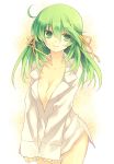  al bad_id bottomless breasts cleavage dress_shirt green_eyes green_hair large_breasts long_hair mugura original shirt smile 