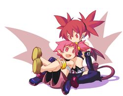  2girls :d bat_wings bike_shorts blush_stickers bracelet demon_girl detached_sleeves disgaea earrings etna hair_bobbles hair_ornament hanako_(disgaea) jewelry laughing makai_senki_disgaea makai_senki_disgaea_2 midriff miniskirt multiple_girls nippon_ichi noko351 open_mouth pink_eyes pink_hair pointy_ears ponytail purple_legwear red_eyes redhead sandals shoes short_hair short_twintails side_ponytail sitting skirt smile tail thigh-highs twintails wings zettai_ryouiki 