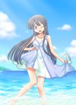  1girl akiyama_mio beach black_eyes black_hair blue dress dress_lift female k-on! kikujin long_hair outdoors sky solo wading water wink 