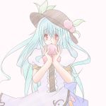  1girl female food fruit hat hazuki_m hinanawi_tenshi holding holding_fruit long_hair peach solo touhou 