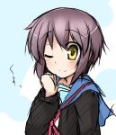  brown_hair cardigan nagato_yuki school_uniform short_hair surikogi suzumiya_haruhi_no_yuuutsu wink yellow_eyes 