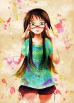  1girl adjusting_glasses brown_hair casual collarbone cowboy_shot glasses green_eyes long_hair open_mouth paint paint_splatter shirt shorts solo source_request sugano_manami t-shirt teeth 