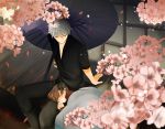  1boy 1girl brown_hair cherry_blossoms flower gintama grey_hair jun_can kagura_(gintama) oriental_umbrella sakata_gintoki short_hair sleeping umbrella under_covers 
