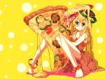  1girl anklet bad_id barefoot blonde_hair breasts cheese cleavage dress dripping feet food food_as_clothes food_on_head food_themed_clothes in_food jewelry long_hair medium_breasts messy minigirl mizuto_umi_(blue_monday) narumi_(blue_monday) object_on_head original pepper pepperoni pizza sitting solo strapless_dress tomato wallpaper yellow_eyes 