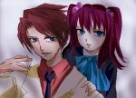  1boy 1girl bad_id blue_eyes brother_and_sister dark game jacket necktie oekaki redhead ribbon siblings sketch smile tonami77 twintails umineko_no_naku_koro_ni ushiromiya_ange ushiromiya_battler 