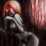  1girl bare_shoulders bent_over blonde_hair bra breasts claws cleavage glowing glowing_eyes leaning_forward left_4_dead lingerie long_hair midriff neoroma open_mouth pale_skin panties red_eyes solo tears underwear underwear_only witch_(left4dead) zombie 