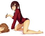  2girls ahoge ajax barefoot blush brown_eyes brown_hair closed_eyes face_painting long_hair marker minami-ke minami_chiaki minami_kana multiple_girls no_pants panties siblings sisters sleeping twintails underwear 