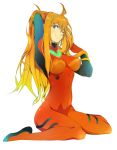  1girl adjusting_hair akishima_kei bad_id blue_eyes long_hair neon_genesis_evangelion one_eye_closed orange_hair plugsuit rebuild_of_evangelion sitting smile solo souryuu_asuka_langley wink 