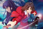  2girls asagami_fujino bad_id brown_eyes brown_hair jacket japanese_clothes kara_no_kyoukai kimono knife multiple_girls pokimari purple_hair red_eyes red_jacket ryougi_shiki 