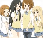  4girls :o akiyama_mio black_hair blonde_hair blue_eyes blush brown_eyes hair_ornament hairband hairclip hirasawa_yui k-on! kotobuki_tsumugi long_hair miniskirt mono_(recall) multiple_girls open_mouth pantyhose pleated_skirt ribbon school_uniform short_hair simple_background skirt skirt_lift standing surprised sweater sweater_vest tainaka_ritsu vest 