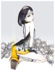  1girl amatiz bad_id bare_shoulders black_hair bob_cut boots choker dress female from_behind full_body gloves hair_ornament kneeling looking_back open_mouth original pale_skin short_hair sitting skirt smile solo yellow_eyes 