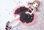  1girl absurdres atlus brown_eyes brown_hair child doujima_nanako dress face hair_ribbon highres huge_filesize jewelry lying necklace on_back persona persona_4 ribbon scan scan_artifacts shoes smile solo star tearfish twintails 