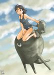  00s 1girl 2008 artist_name awatake_takahiro bangs barefoot black_hair blue_eyes blush clouds creature dated flying legs one-piece_swimsuit original outdoors school_swimsuit sky smile solo swimsuit 
