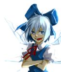  1girl blue_eyes blue_hair bow cirno collared_shirt crossed_arms hair_bow holysnow ice ice_wings open_mouth puffy_short_sleeves puffy_sleeves shirt short_hair short_sleeves smile solo the_embodiment_of_scarlet_devil touhou white_background wings 