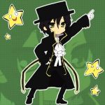  1boy black_hair chibi coat crossover frills gathers gilbert gilbert_nightray gloves hat lowres lucky_star male_focus nightray_raven pandora_hearts parody pose short_hair solo star top_hat trench_coat yellow_eyes 