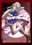  1girl apron female full_body full_moon izayoi_sakuya kanoe knife legs long_hair looking_back maid maid_apron moon petals red_eyes ribbon silver_hair sky solo the_embodiment_of_scarlet_devil thigh-highs touhou zettai_ryouiki 