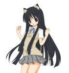  1girl :o akiyama_mio animal_ears bangs black_eyes black_hair blunt_bangs blush cat_ears female hime_cut k-on! long_hair miniskirt nuruhito pleated_skirt ribbon school_uniform simple_background skirt solo standing sweater sweater_vest very_long_hair vest 