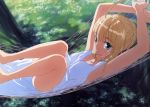  absurdres ahoge armpits barefoot blonde_hair braid dress fate/stay_night fate_(series) forest green_eyes hammock highres kuwana_ikuo nature outdoors saber smile white_dress 