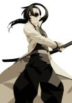  1girl bad_id eyepatch gintama grey_eyes hakama japanese_clothes long_hair misteor ponytail ready_to_draw sheath sheathed simple_background solo sword weapon yagyuu_kyuubei yanagihara_mio 