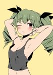  1girl absurdres anchovy armpits arms_behind_head barashiya blush breasts cleavage cowboy_shot drill_hair eyebrows_visible_through_hair girls_und_panzer green_hair highres medium_breasts midriff navel one_eye_closed red_eyes sideboob solo strap_gap tank_top twin_drills twintails yellow_background 