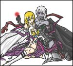  2girls angel angel_and_devil angewomon artist_request bad_anatomy bare_shoulders blonde_hair blue_eyes blush breasts choker cleavage corset devil digimon dress elbow_gloves gloves grey_skin hat hat_removed headwear_removed helmet ladydevimon large_breasts latex leather long_hair makeup midriff multiple_girls navel pointy_ears poorly_drawn red_eyes ribbon sitting skin_tight smirk thigh-highs white_hair wings 