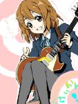  1girl bad_id brown_hair c_(rahit) guitar hirasawa_yui instrument k-on! les_paul open_mouth pantyhose rahit round_teeth school_uniform short_hair smile solo teeth tegaki umakatsuhai v 