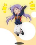  1girl 2009_world_baseball_classic arms_up baseball_uniform blush closed_eyes clothes_writing hiiragi_kagami jumping kadokawa_shoten long_hair lucky_star purple_hair solo sportswear twintails world_baseball_classic 