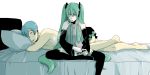  1boy 1girl aftersex ashtray bad_id barefoot blue_hair cigarette crossdressinging detached_sleeves green_hair harada hatsune_miku hetero kaito long_hair lying necktie panties pillow role_reversal ruined_for_marriage sitting skirt smoking striped striped_panties tears thigh-highs twintails underwear vocaloid 