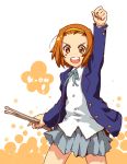  &gt;:o 1girl blazer brown_hair copyright_name drumsticks female hair_ornament hairband k-on! laughing matching_hair/eyes miniskirt open_mouth orange_eyes orange_hair pleated_skirt ribbon school_uniform short_hair skirt smile solo standing tainaka_ritsu tomboy yokoshima_(tirimoti) 