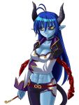 1girl abs asmodeus_(shinrabanshou) bad_id black_sclera blue_hair blue_skin breasts choker demon_girl demon_horn demon_horns demon_tail horns large_breasts muscle pipe pointy_ears shinrabanshou solo tail yahoten_(simplegreen) yellow_eyes