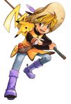  1girl androgynous babiry blonde_hair boots female fishing_rod hat holding holding_poke_ball pika_(pokemon) pikachu poke_ball pokemon pokemon_special reverse_trap simple_background smile solo yellow_(pokemon) 