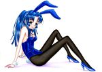 animal_ears asakura_ryouko blue_eyes blue_hair bunnysuit hidaka_medaka highres long_hair pantyhose ponytail rabbit_ears suzumiya_haruhi_no_yuuutsu traditional_media 