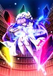  1girl book crystal female hat legs library long_hair magic magic_circle moon patchouli_knowledge purple_hair ribbon solo torisan touhou voile 
