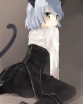  1girl animal_ears ass black_legwear blush cat_ears cat_tail green_eyes grey_eyes kurot military military_uniform pantyhose sanya_v_litvyak short_hair silver_hair sitting skirt solo strike_witches tail uniform wariza 