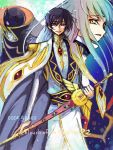  black_hair c.c. c_(rahit) code_geass green_hair kururugi_suzaku lelouch_lamperouge long_hair rahit sword tegaki umakatsuhai violet_eyes weapon yellow_eyes zero_(code_geass) 