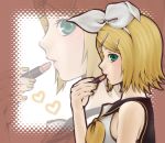  blonde_hair ekuru_(pixiv618303) green_eyes hair_ribbon heart kagamine_rin lipstick makeup ribbon vocaloid 