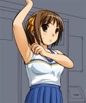  arm_up armpits brown_eyes brown_hair cheerleader hairband sandansu short_hair suzumiya_haruhi suzumiya_haruhi_no_yuuutsu 