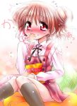 blush double_bun eating food hidamari_sketch hiro pink_hair red_eyes school_uniform surprised 
