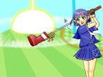  1girl bad_anatomy bad_id elf gloves golf_club green_eyes hana hana_(pangya) pangya pointy_ears poorly_drawn purple_hair school_uniform short_hair solo 