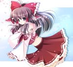  blue_eyes blush bow brown_hair detached_sleeves female hair_bow hakurei_reimu highres hiyori-o japanese_clothes midriff miko ofuda petals sarashi touhou 