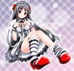  1girl akiyama_mio black_&amp;_white black_eyes black_hair blush breasts cleavage cosplay don&#039;t_say_&quot;lazy&quot; dress female full_body gothic_lolita k-on! kneehighs lolita_fashion long_hair namamo_nanase patterned_legwear shoes socks solo striped striped_legwear suzumiya_haruhi suzumiya_haruhi_(cosplay) suzumiya_haruhi_no_yuuutsu two-tone_stripes 