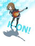  1girl bad_id brown_eyes brown_hair female foreshortening guitar hair_ornament hairclip hirasawa_yui instrument k-on! laughing leaning_forward les_paul miniskirt open_mouth pantyhose pleated_skirt rui_(t_kimi) school_uniform shadow short_hair skirt sky smile solo standing 