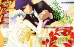  1boy 1girl bare_shoulders blue_hair blush bridal_veil bride couple dress earrings elbow_gloves gloves hand_holding hayashi_akemi hetero jewelry lipstick makeup multicolored_hair nia_teppelin official_art petals ribbon simon smile tears tengen_toppa_gurren_lagann tengen_toppa_gurren_lagann:_lagann-hen tuxedo veil wedding wedding_dress 