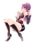  1girl adjusting_glasses bare_shoulders boots character_request detached_sleeves gintama glasses grey_eyes high_heels jun_can long_hair mole purple_hair sarutobi_ayame shoes shorts sitting solo 