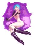 1girl blue_hair boots bottomless breasts cushion gloves hair_over_one_eye kerokero_saito original purple_boots solo under_boob 
