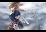  1girl banner blue_eyes brown_hair fog letterboxed long_hair nobu nobu_(nobudokoro) original rapier solo sword weapon wind 
